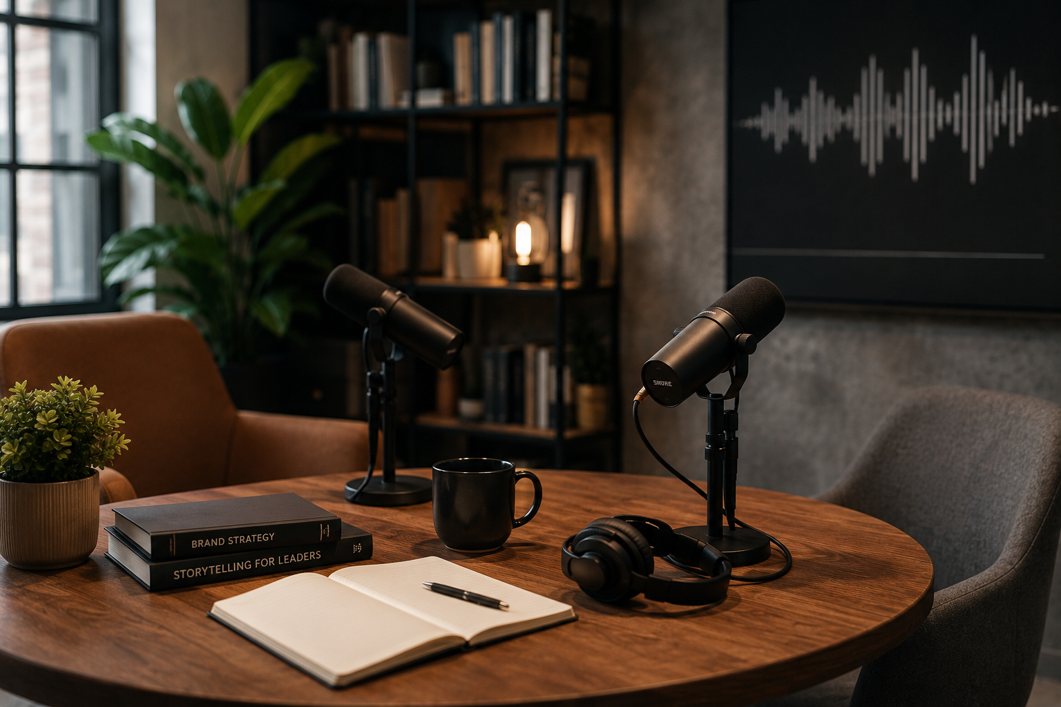 Podcast studio setup with microphones, headphones, and waveform visualization