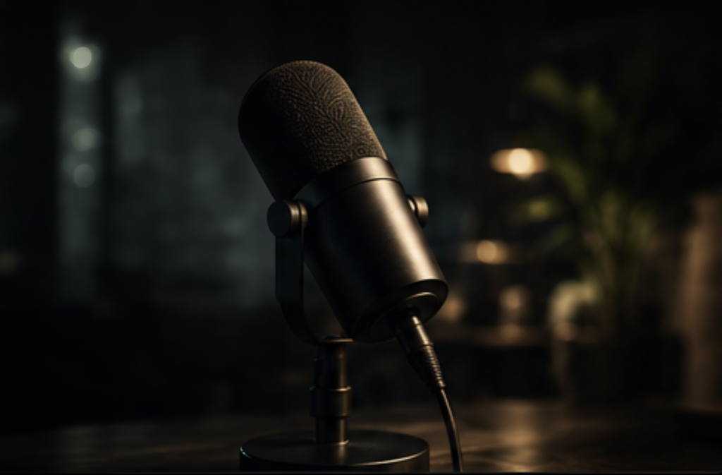 Studio microphone, lit in a quiet room